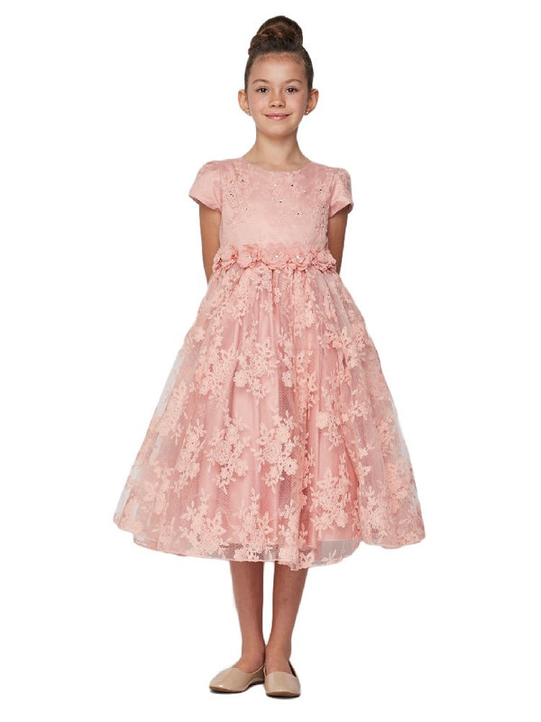 Big Girls Dusty Pink French Chantilly Lace T-Length Junior Bridesmaid Dress 8-12 - SophiasStyle.com